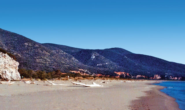 La spiaggia di Collelungo con lo scoglio di Cala Rossa
